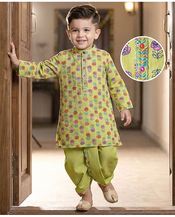 Babyhug Woven Full Sleeves Floral Printed Kurta & Dhoti Set - Green