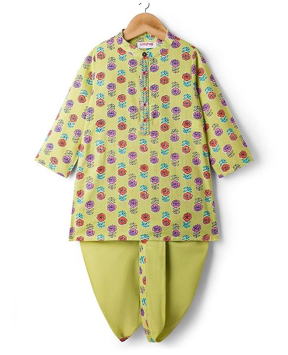 Babyhug Woven Full Sleeves Floral Printed Kurta & Dhoti Set - Green