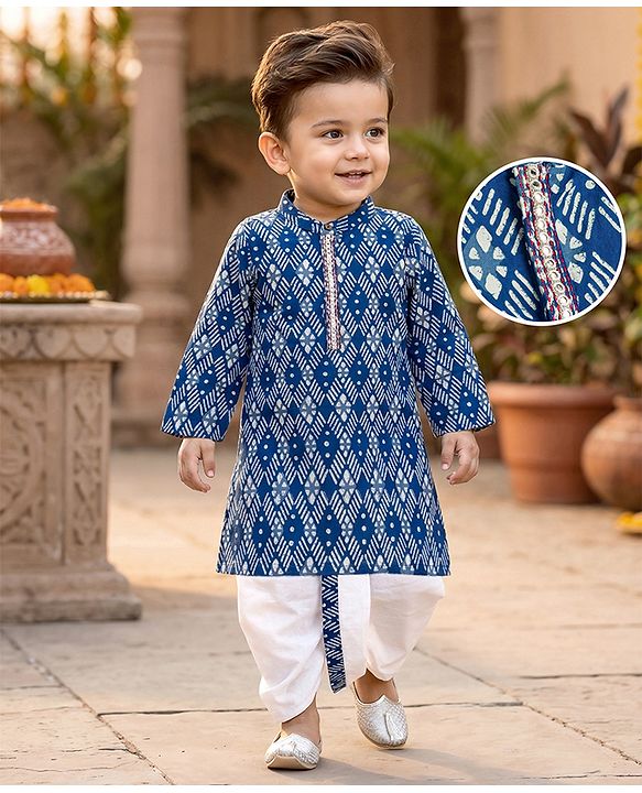 Babyhug Cotton Woven Full Sleeves Cambric Digital Printed Kurta Dhoti Set - Blue