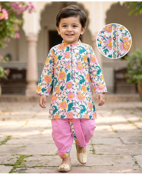 Babyhug Cotton Woven Full Sleeves Floral Printed Kurta Dhoti Set - Pink