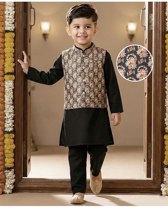 Babyhug Cotton Woven Full Sleeves Kurta Pajama Set with Digital Floral Printed Jacket - Black