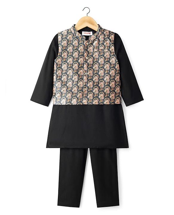 Babyhug Cotton Woven Full Sleeves Kurta Pajama Set with Digital Floral Printed Jacket - Black