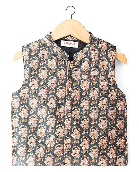 Babyhug Cotton Woven Full Sleeves Kurta Pajama Set with Digital Floral Printed Jacket - Black