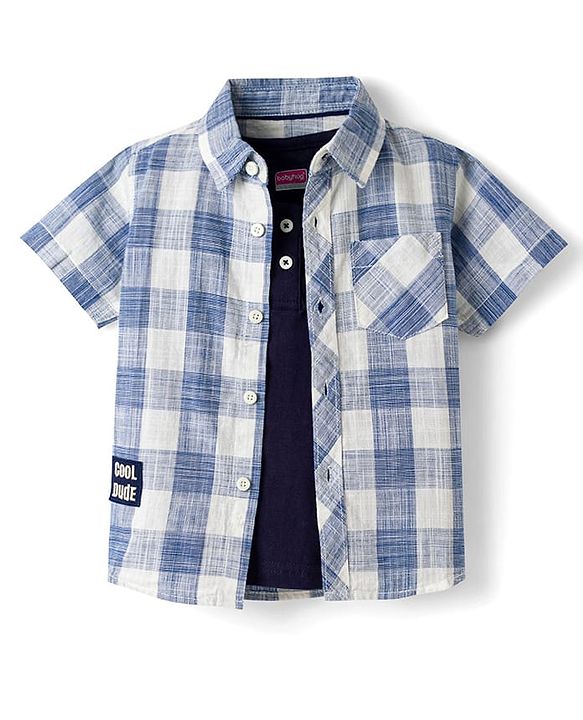 Babyhug Cotton Woven Half Sleeves Checks Shirt With Inner Tee - Blue