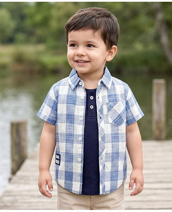 Babyhug Cotton Woven Half Sleeves Checks Shirt With Inner Tee - Blue