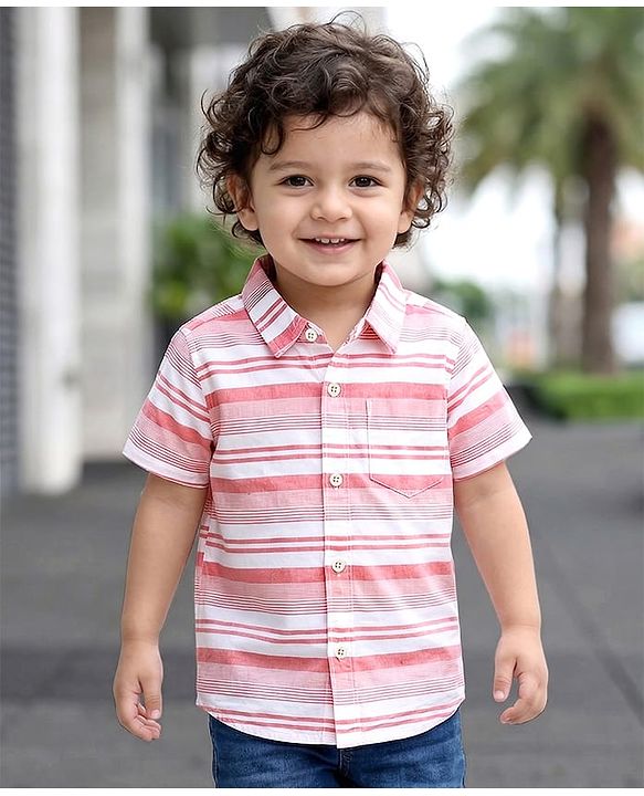 Babyhug Cotton Woven Half Sleeves Striped Shirt - Light Red