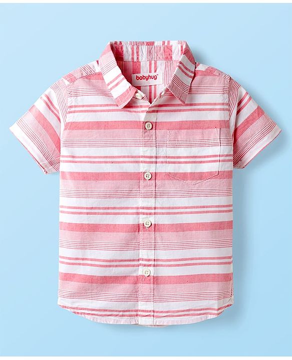 Babyhug Cotton Woven Half Sleeves Striped Shirt - Light Red