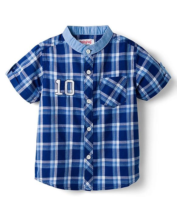 Babyhug Cotton Woven Half Sleeves Mandarin Collar Checked Shirt - Navy Blue