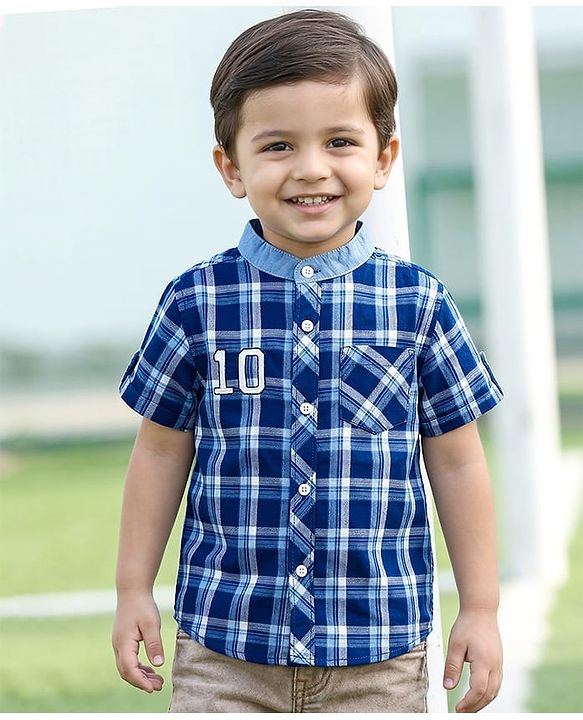 Babyhug Cotton Woven Half Sleeves Mandarin Collar Checked Shirt - Navy Blue