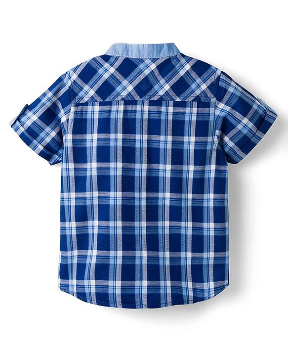 Babyhug Cotton Woven Half Sleeves Mandarin Collar Checked Shirt - Navy Blue