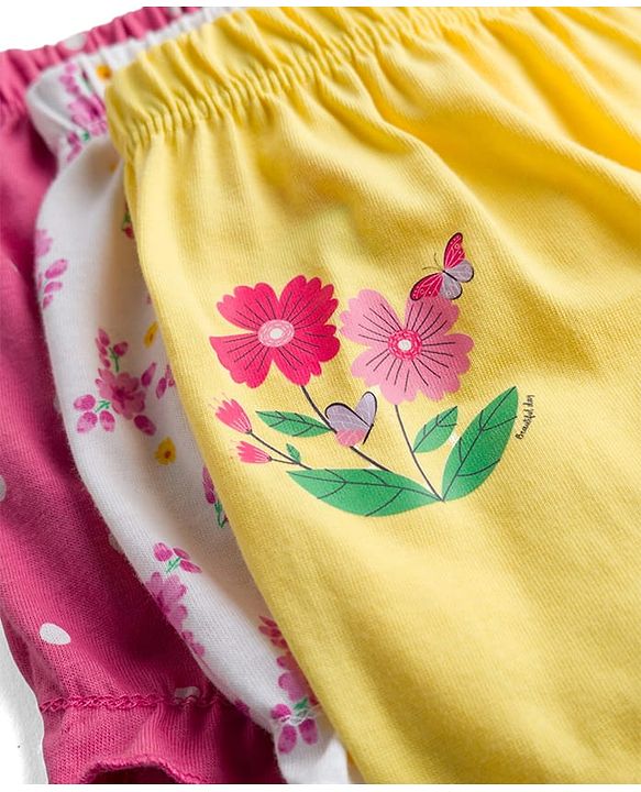 Babyhug 100% Cotton Single Jersey Knit Bloomers With Floral Print Pack Of 3 - Yellow White & Pink