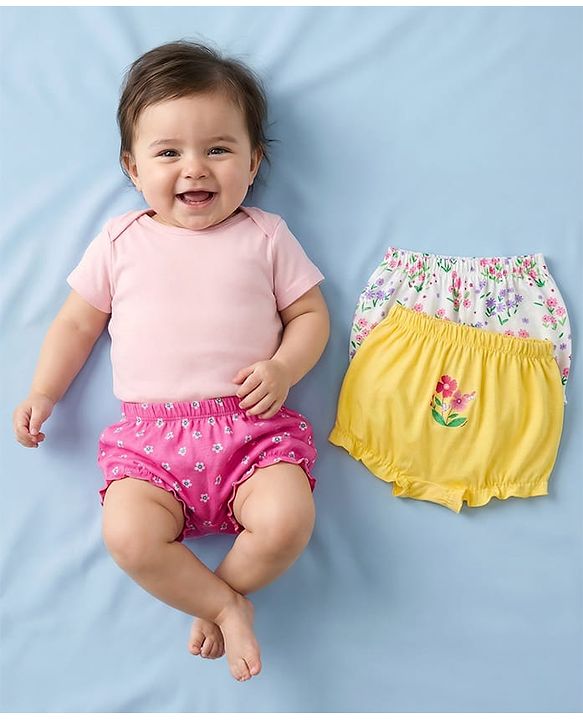 Babyhug 100% Cotton Single Jersey Knit Bloomers With Floral Print Pack Of 3 - Yellow White & Pink