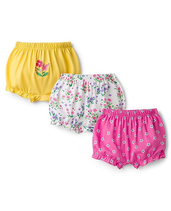 Babyhug 100% Cotton Single Jersey Knit Bloomers With Floral Print Pack Of 3 - Yellow White & Pink