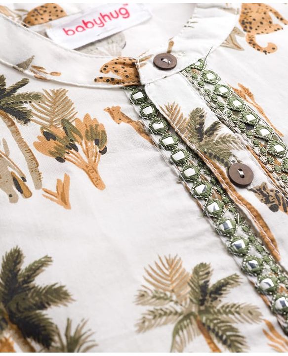 Babyhug Cotton Woven Full Sleeves Cambric Jungle Theme Digital Printed Kurta Dhoti Set - White & Green