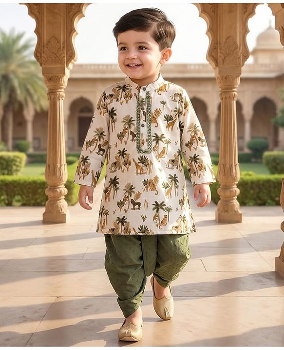 Babyhug Cotton Woven Full Sleeves Cambric Jungle Theme Digital Printed Kurta Dhoti Set - White & Green