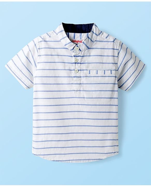 Babyhug Cotton Woven Half Sleeves Mandarin Collar Striped Kurta Shirt - White