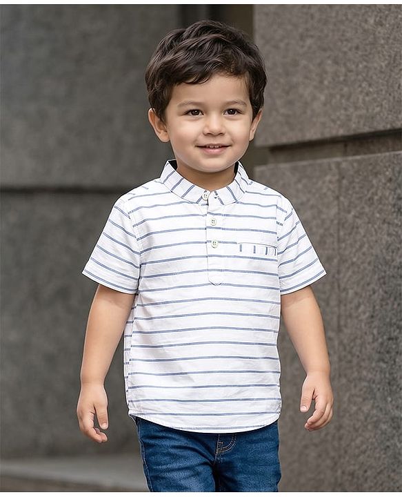 Babyhug Cotton Woven Half Sleeves Mandarin Collar Striped Kurta Shirt - White