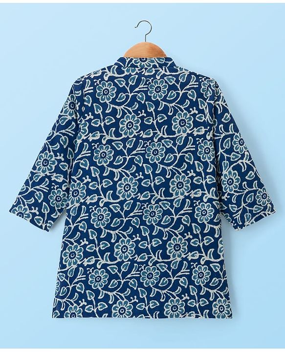 Babyhug Cambric Cotton Woven Full Sleeves Kurta Pajama Set with Floral Print - Blue