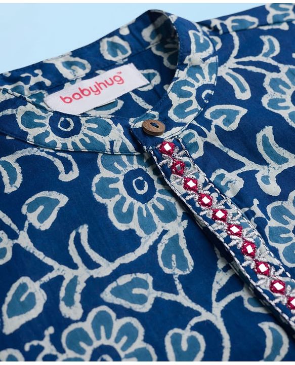 Babyhug Cambric Cotton Woven Full Sleeves Kurta Pajama Set with Floral Print - Blue