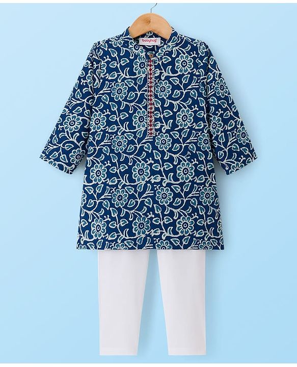 Babyhug Cambric Cotton Woven Full Sleeves Kurta Pajama Set with Floral Print - Blue