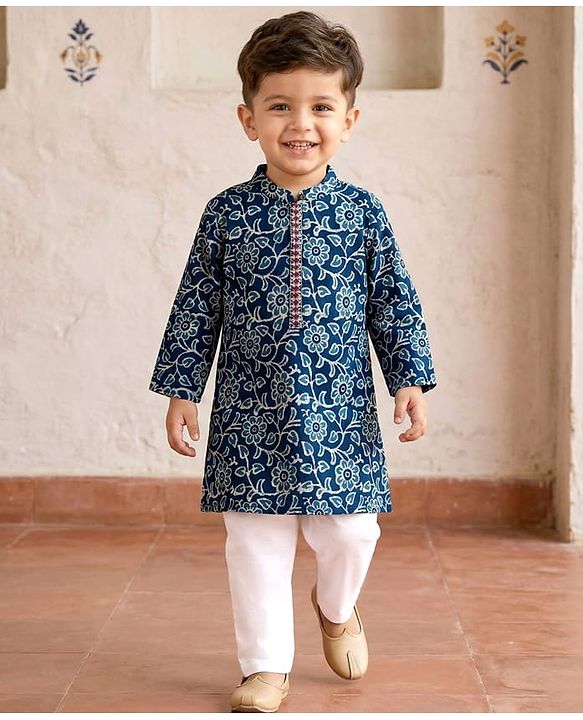 Babyhug Cambric Cotton Woven Full Sleeves Kurta Pajama Set with Floral Print - Blue