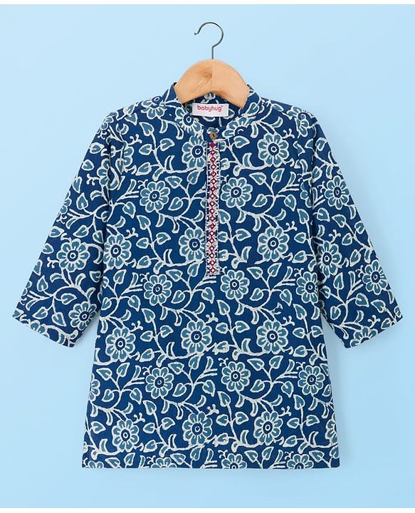 Babyhug Cambric Cotton Woven Full Sleeves Kurta Pajama Set with Floral Print - Blue