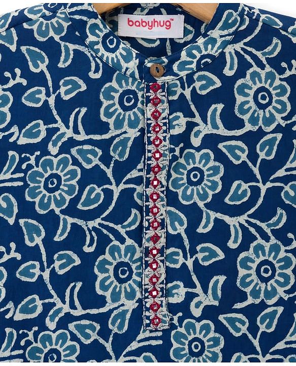 Babyhug Cambric Cotton Woven Full Sleeves Kurta Pajama Set with Floral Print - Blue