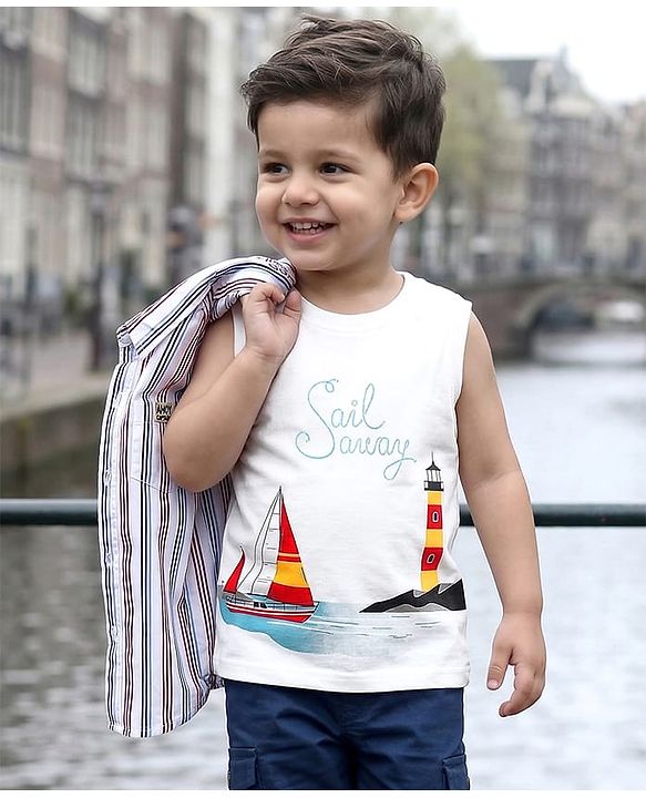 Babyhug Cotton Woven Half Sleeves Striped Shirt with Boat Printed T-Shirt- White