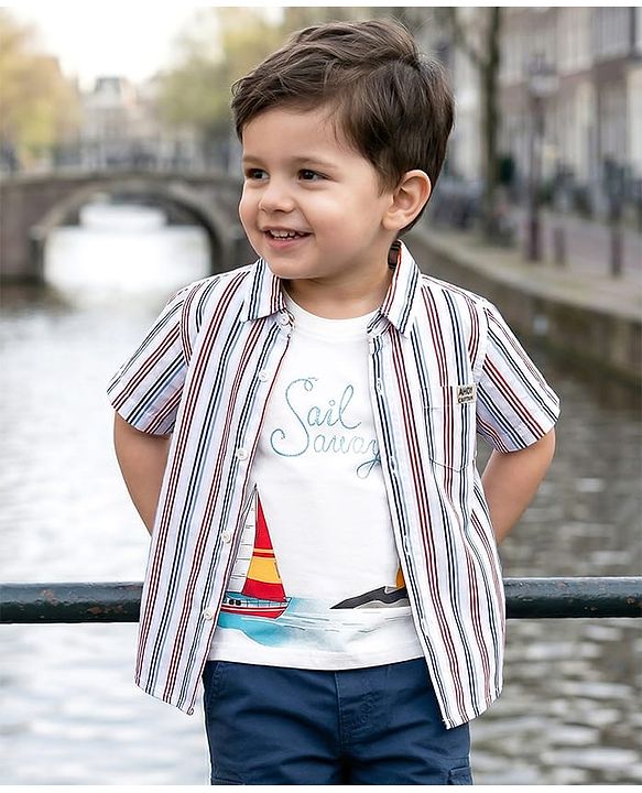 Babyhug Cotton Woven Half Sleeves Striped Shirt with Boat Printed T-Shirt- White