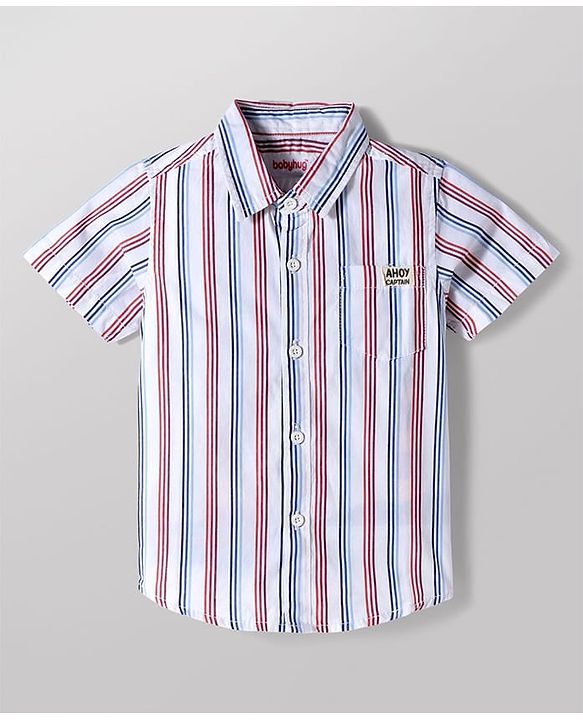 Babyhug Cotton Woven Half Sleeves Striped Shirt with Boat Printed T-Shirt- White