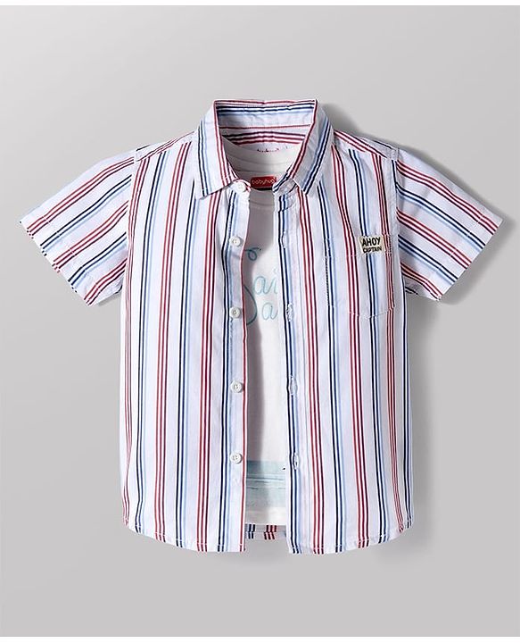 Babyhug Cotton Woven Half Sleeves Striped Shirt with Boat Printed T-Shirt- White