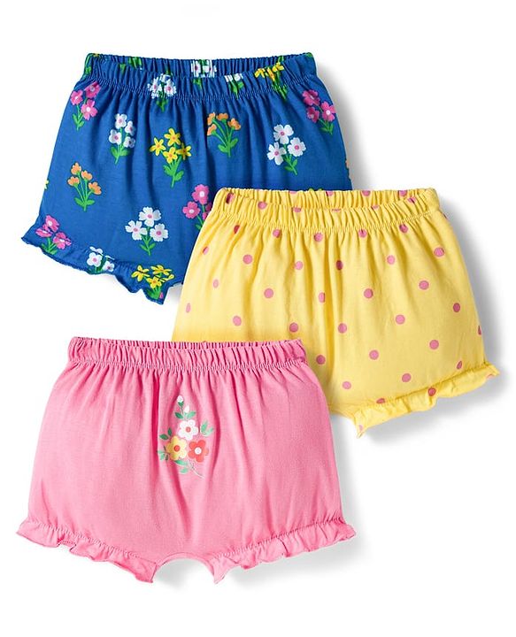 Babyhug 100% Cotton Knit Bloomers with Floral & Polka Dot Print Pack of 3 - Yellow Blue & Pink