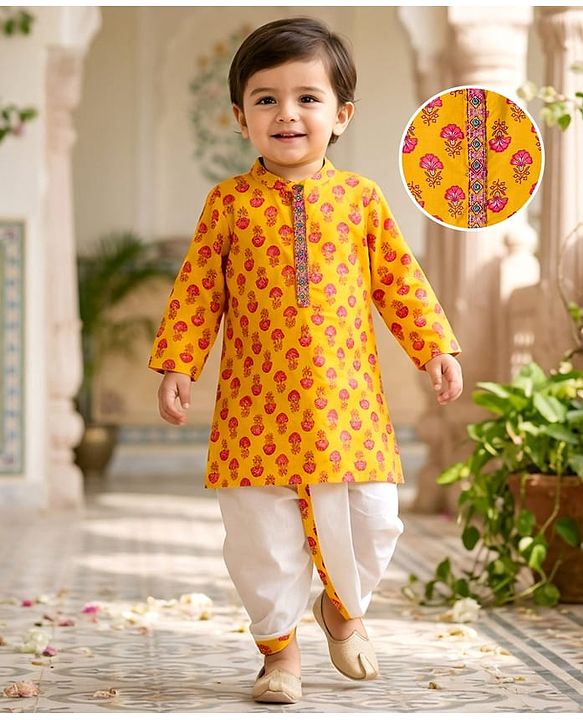 Babyhug Cotton Woven Full Sleeves Cambric Floral Printed Kurta Dhoti Set - Yellow
