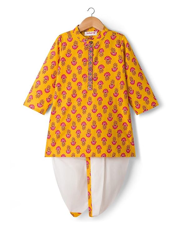 Babyhug Cotton Woven Full Sleeves Cambric Floral Printed Kurta Dhoti Set - Yellow