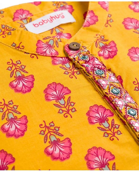 Babyhug Cotton Woven Full Sleeves Cambric Floral Printed Kurta Dhoti Set - Yellow