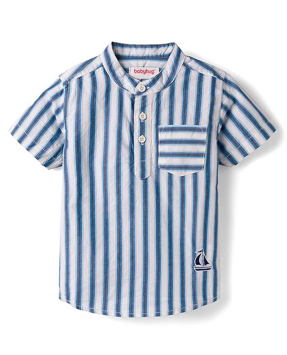 Babyhug Cotton Woven Half Sleeves Mandarin Collar Striped Kurta Shirt - Blue