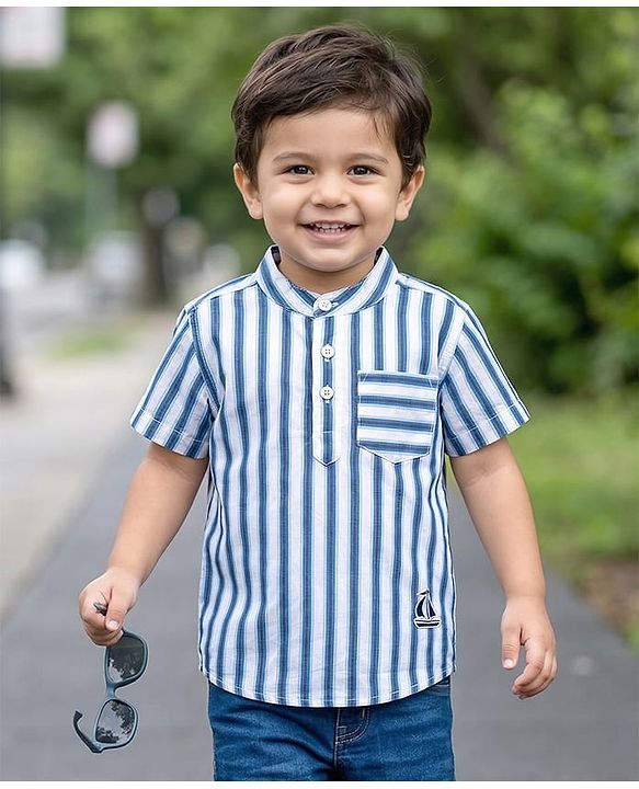 Babyhug Cotton Woven Half Sleeves Mandarin Collar Striped Kurta Shirt - Blue