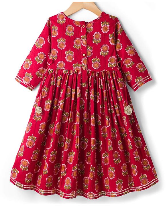 Babyhug Cotton Woven Three Fourth Sleeves Ethnic Dress with Floral Print - Red