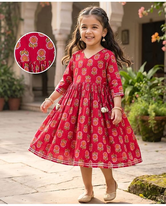Babyhug Cotton Woven Three Fourth Sleeves Ethnic Dress with Floral Print - Red