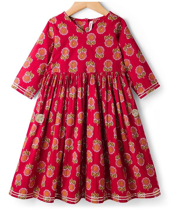 Babyhug Cotton Woven Three Fourth Sleeves Ethnic Dress with Floral Print - Red