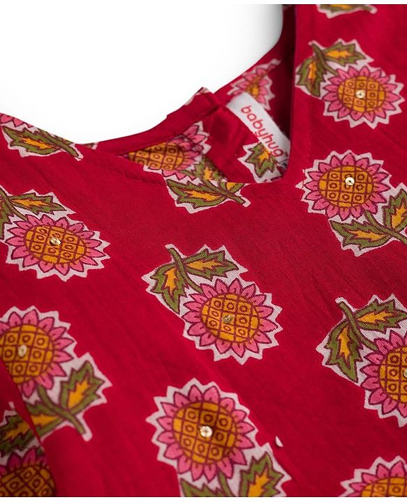 Babyhug Cotton Woven Three Fourth Sleeves Ethnic Dress with Floral Print - Red