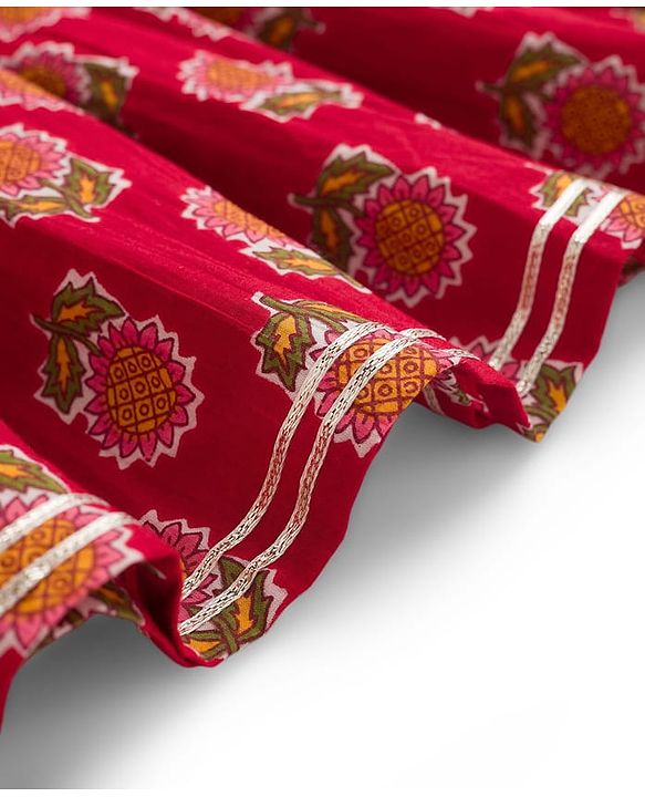 Babyhug Cotton Woven Three Fourth Sleeves Ethnic Dress with Floral Print - Red