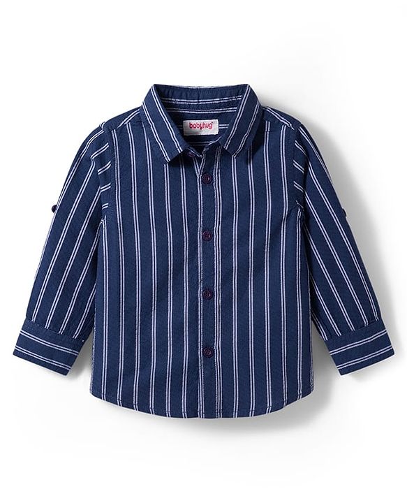 Babyhug Cotton Woven Full Sleeves Striped Shirt with Bow - Navy Blue