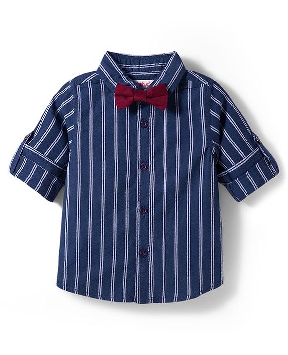Babyhug Cotton Woven Full Sleeves Striped Shirt with Bow - Navy Blue