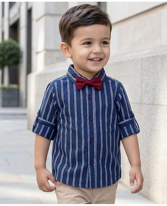 Babyhug Cotton Woven Full Sleeves Striped Shirt with Bow - Navy Blue