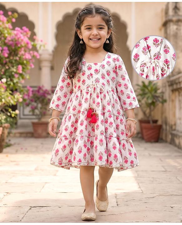 Babyhug Cotton Woven Three Fourth Sleeves Floral Printed Ethnic Dress - White