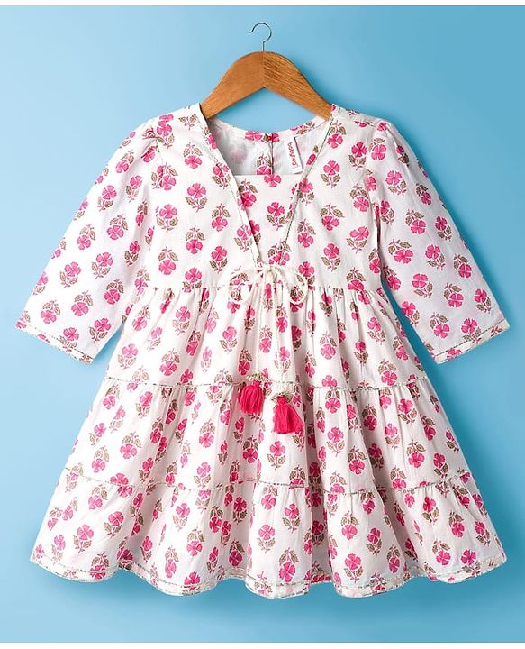 Babyhug Cotton Woven Three Fourth Sleeves Floral Printed Ethnic Dress - White