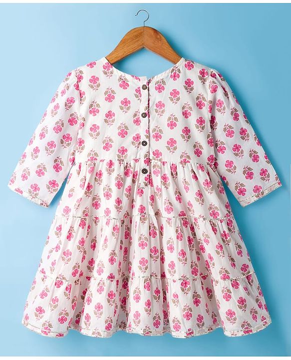 Babyhug Cotton Woven Three Fourth Sleeves Floral Printed Ethnic Dress - White