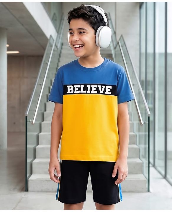 Pine Kids Single Jersey Knit Half Sleeves T-Shirt & Shorts Set with Believe Print - Blue Yellow & Black