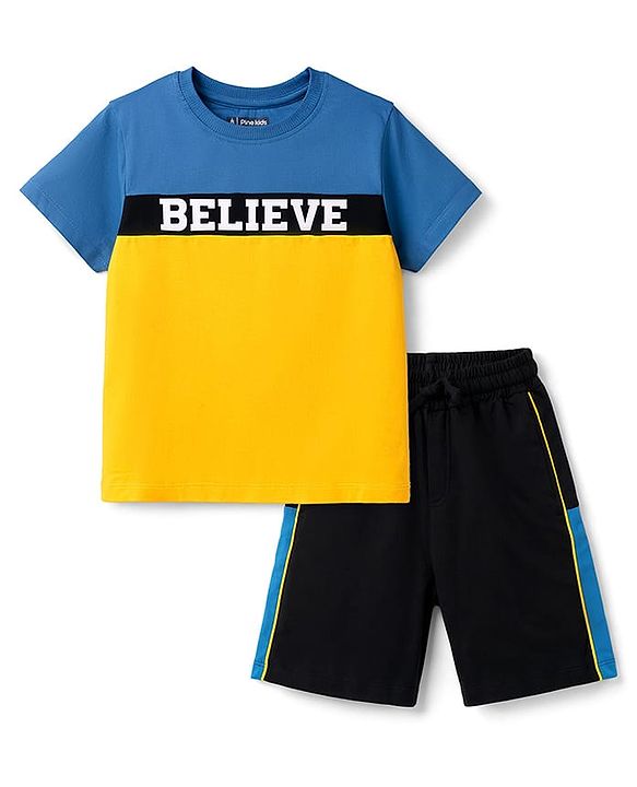 Pine Kids Single Jersey Knit Half Sleeves T-Shirt & Shorts Set with Believe Print - Blue Yellow & Black